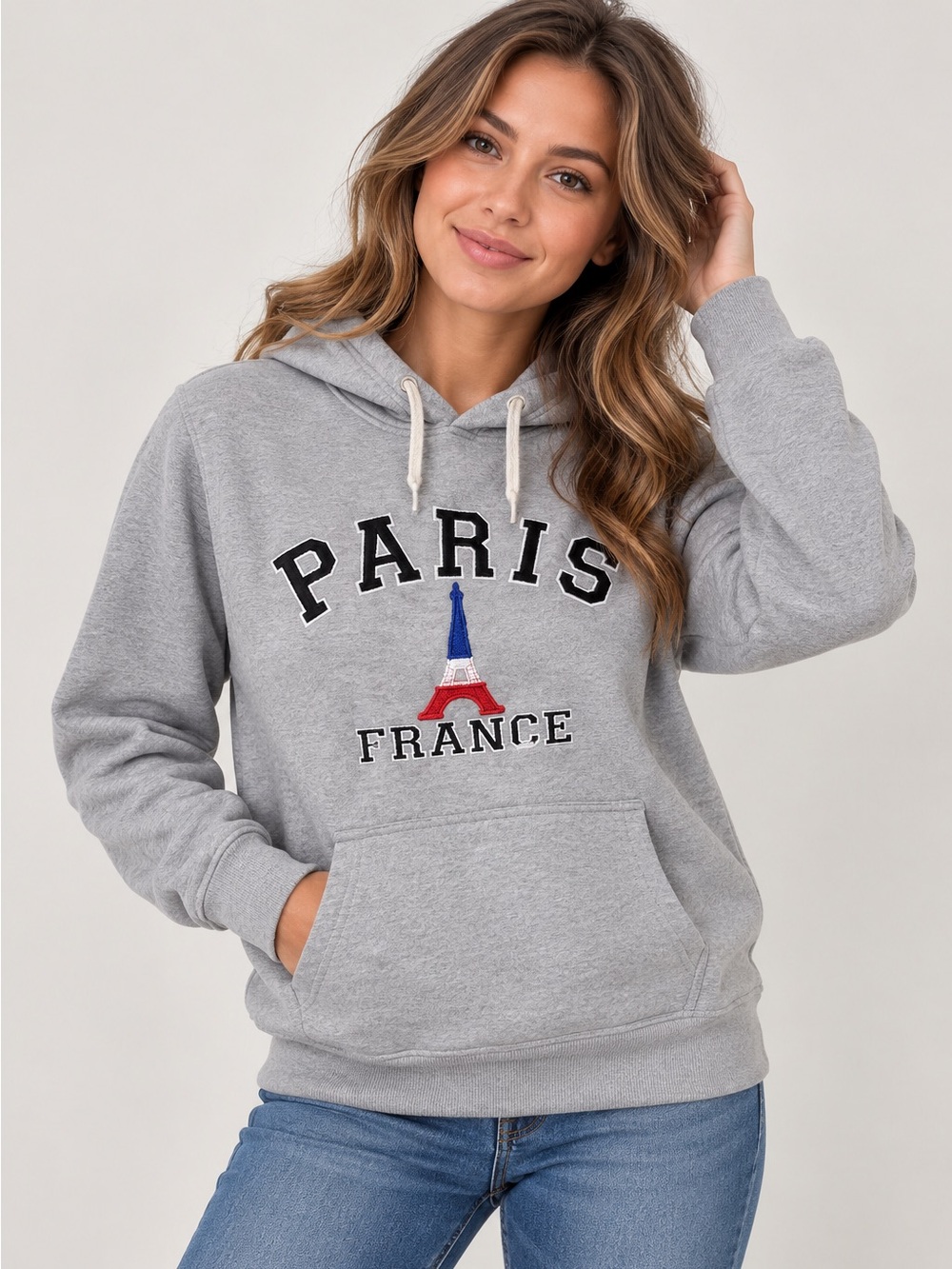 Grey Paris France Embroidered Crewneck Hoodie Small